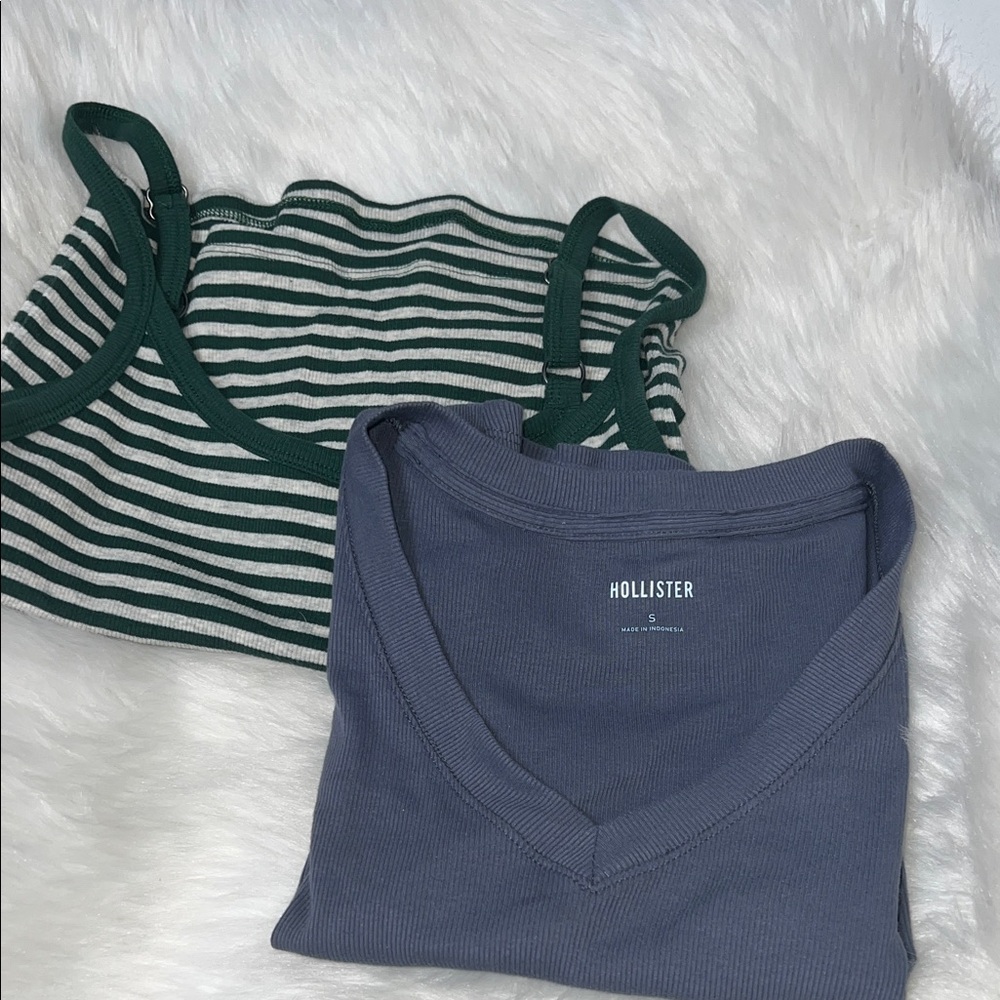 Hollister Slate Blue V-Neck Tee + Forest Green & White Striped Tank